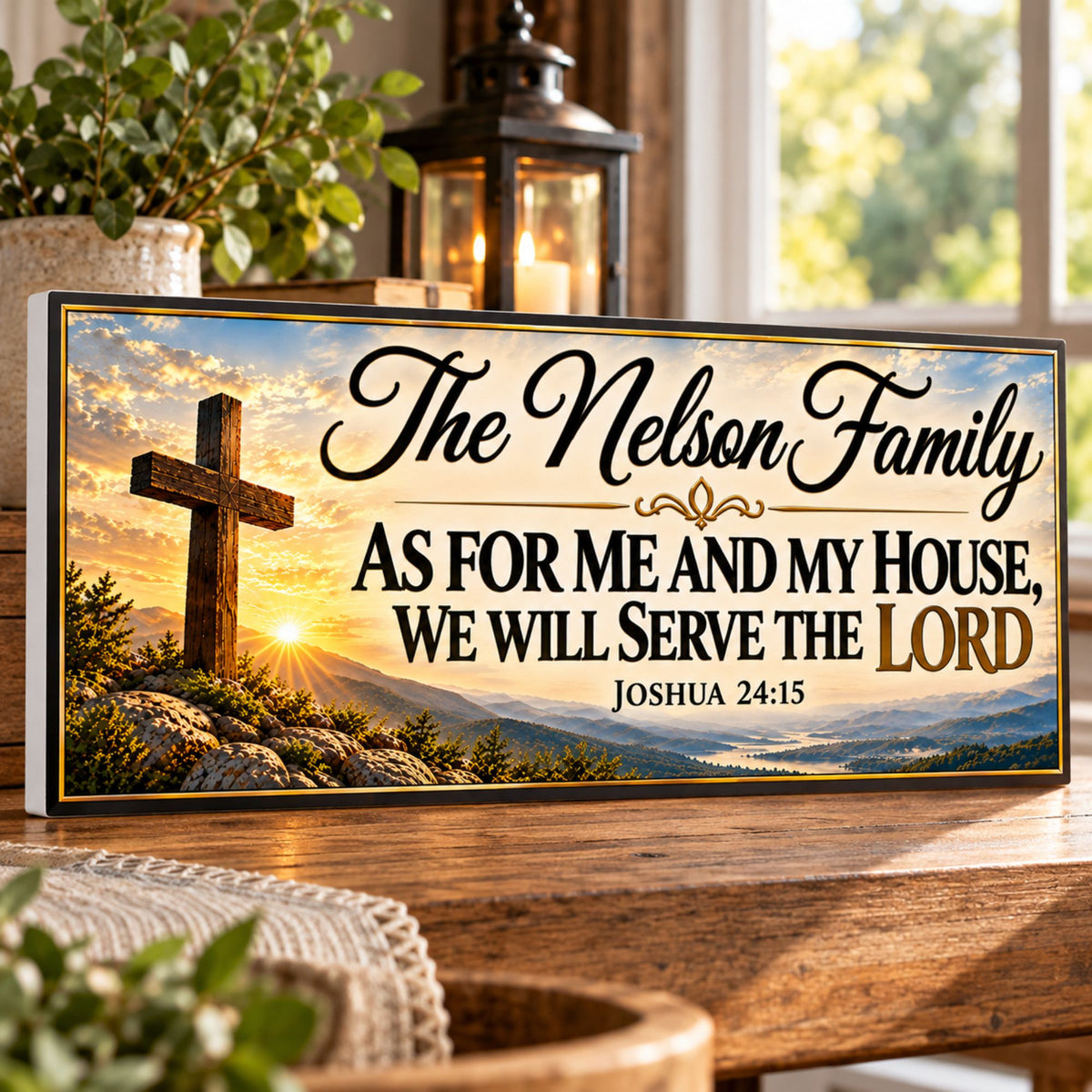 Personalized Joshua 24:15 family sign displayed on a rustic wooden table with greenery and a lantern, showing the white PVC edge on the left.