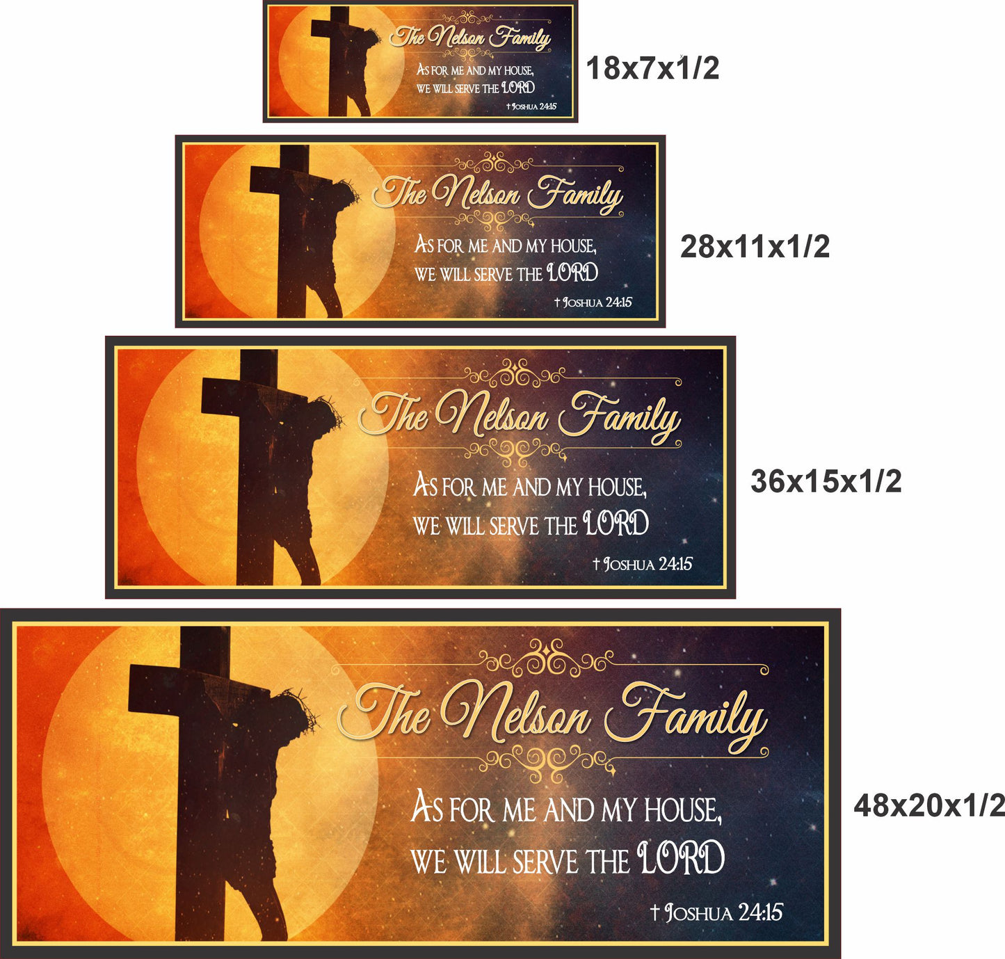 Four size options shown for a Christian family scripture sign with cross artwork