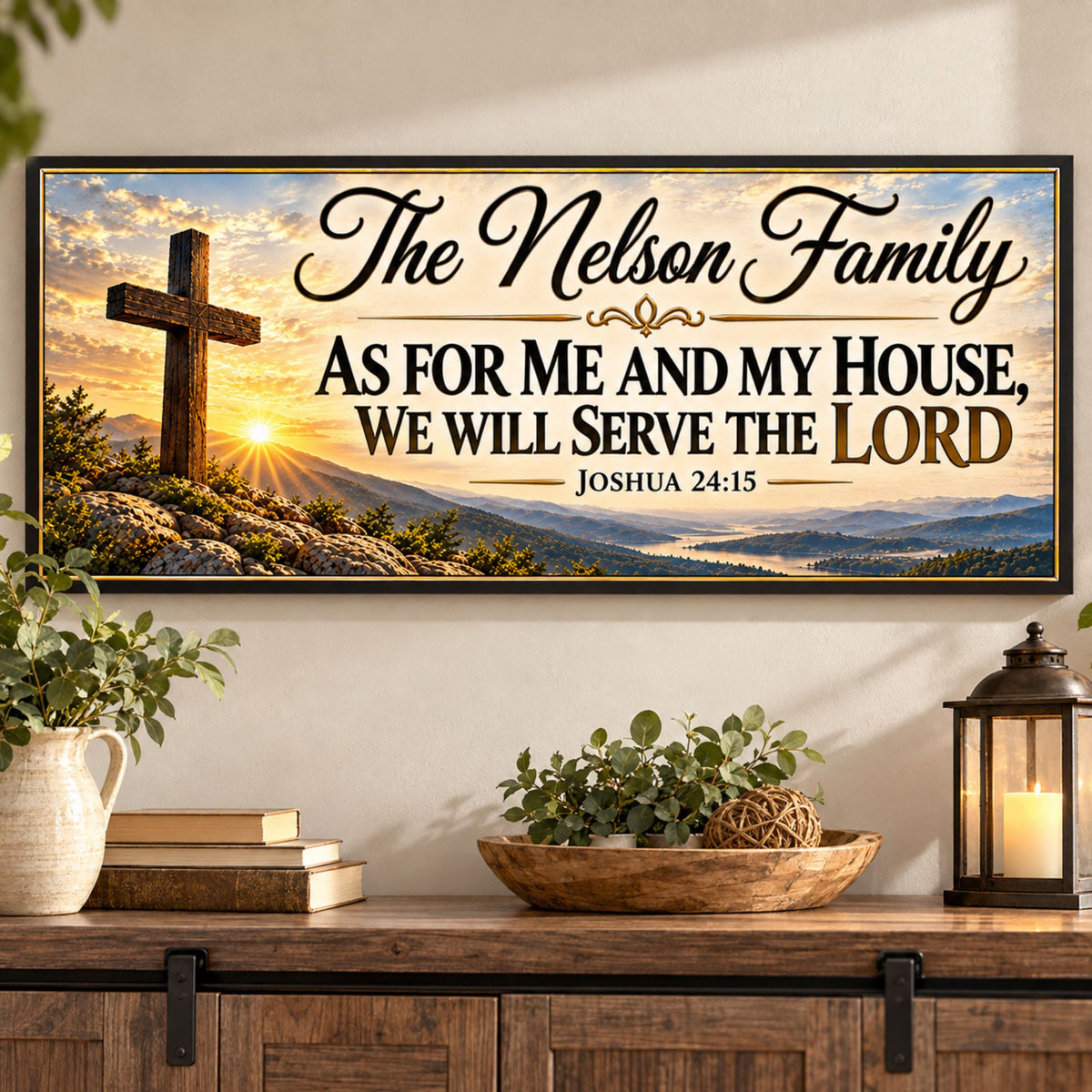 Christian family scripture sign mounted on a warm neutral wall above a rustic wooden cabinet with plants, books, and a decorative lantern.