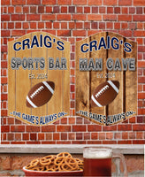 Custom Man Cave Sports Bar sign featuring a wood plank background, available in light or dark options, with editable established date.