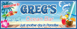 Customized tropical bar sign featuring an ocean view, surfboard, tropical cocktails, and a hibiscus flower, perfect for enhancing beach-themed decor.