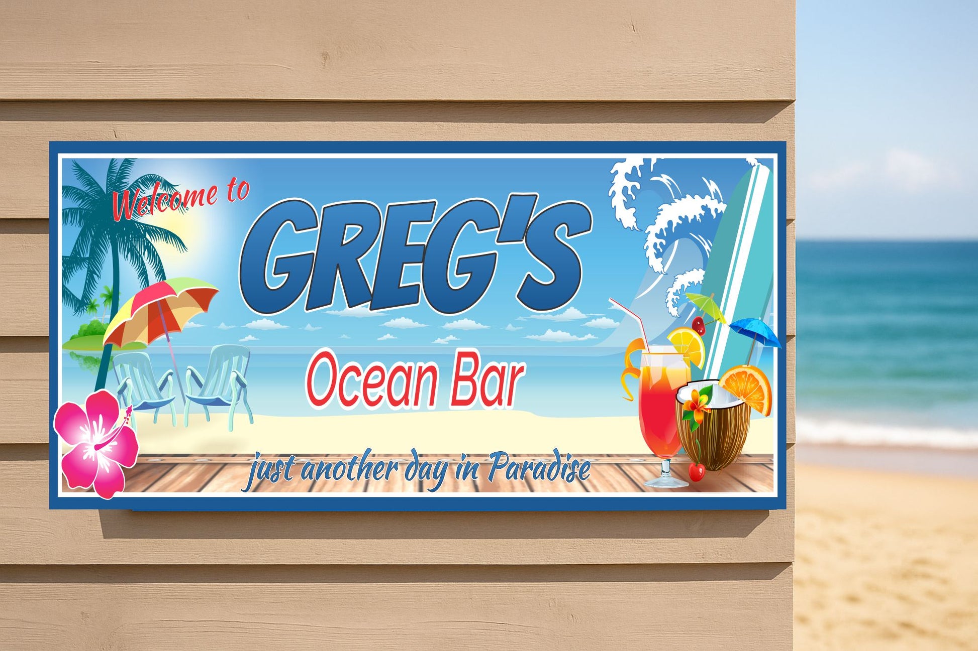 Tropical ocean bar sign mounted on an exterior wall near a sandy beach with palm trees and ocean view