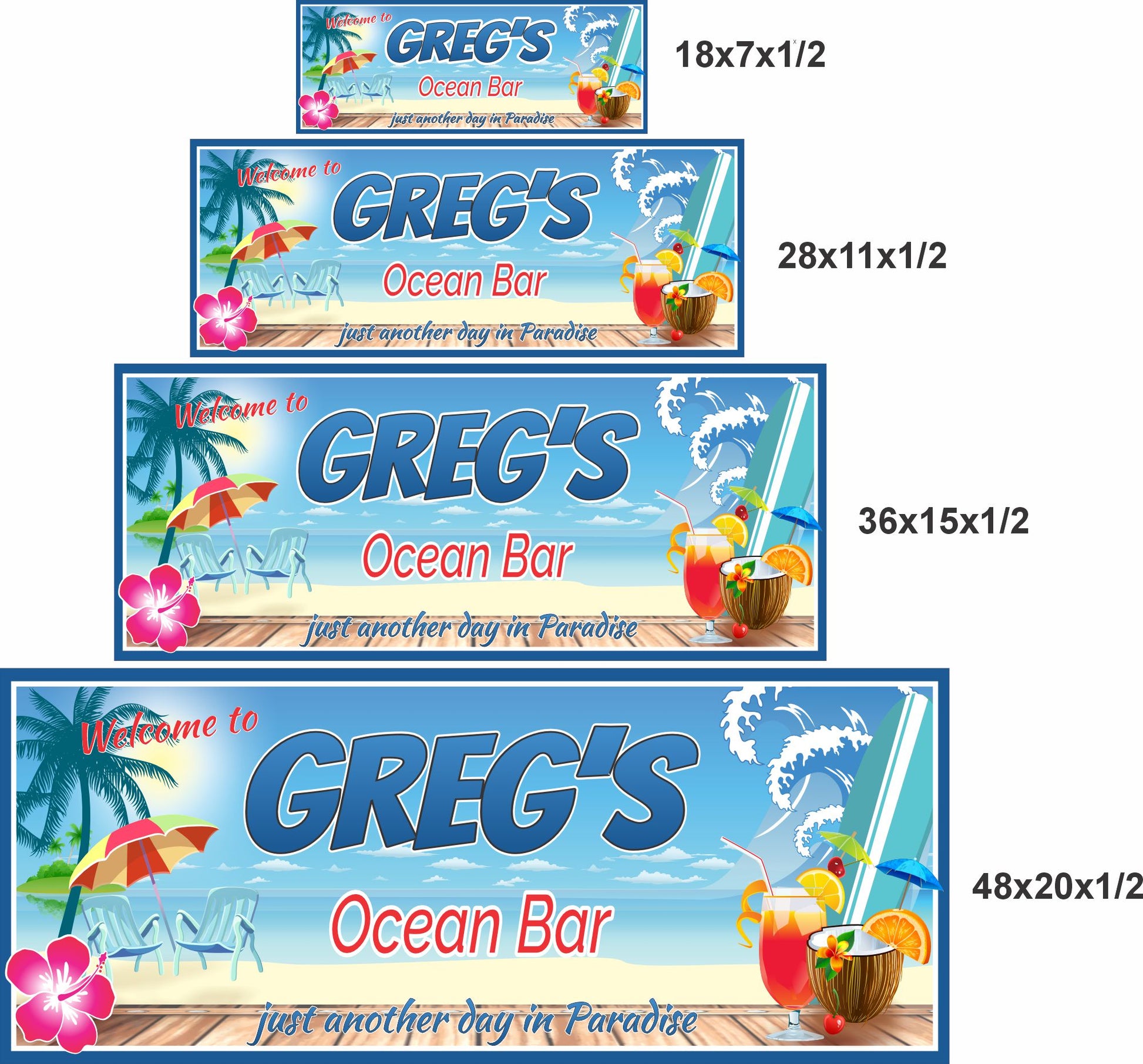 Four size options shown for a personalized ocean bar sign with tropical beach artwork