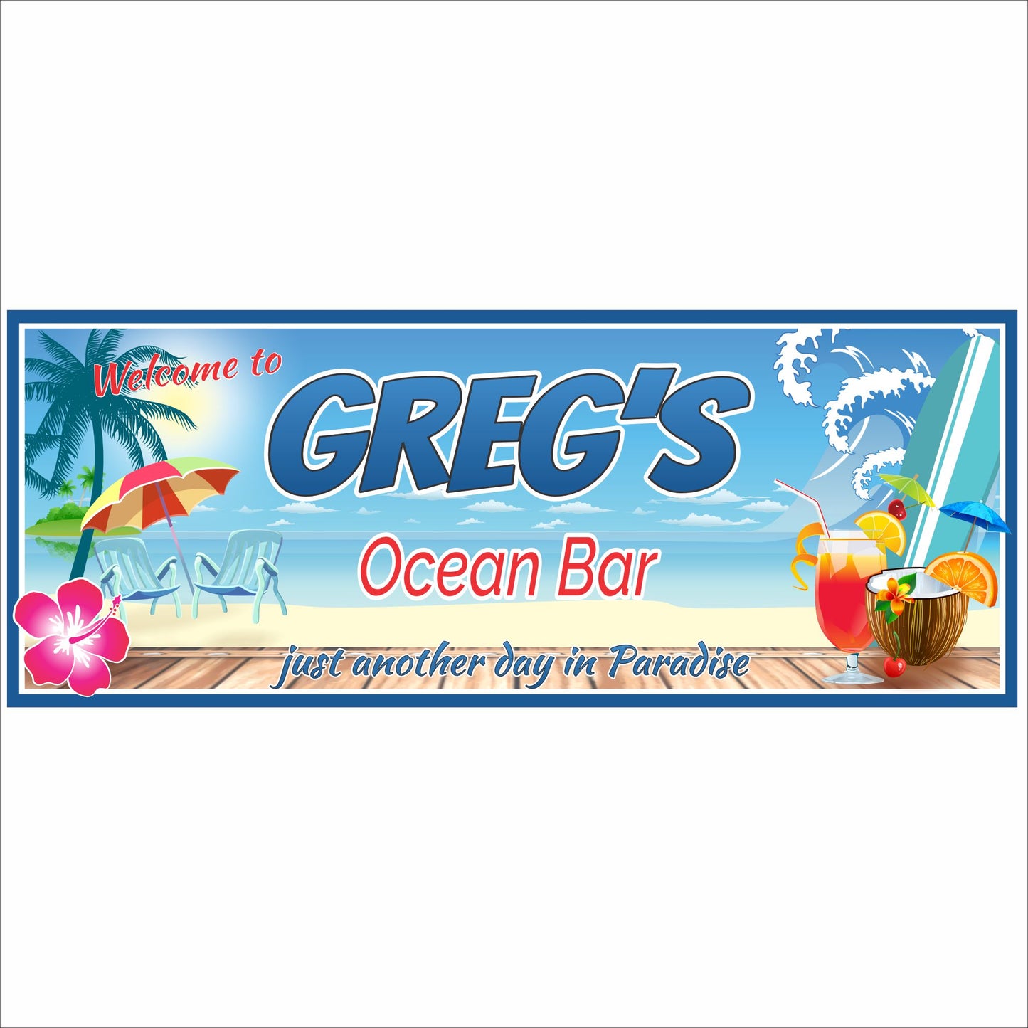 Personalized ocean bar sign with tropical beach scene, palm trees, lounge chairs, surfboard, and colorful island drinks