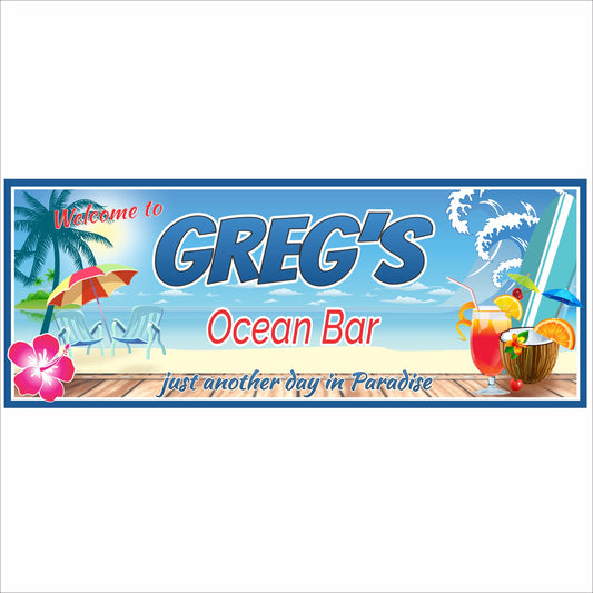 Personalized ocean bar sign with tropical beach scene, palm trees, lounge chairs, surfboard, and colorful island drinks