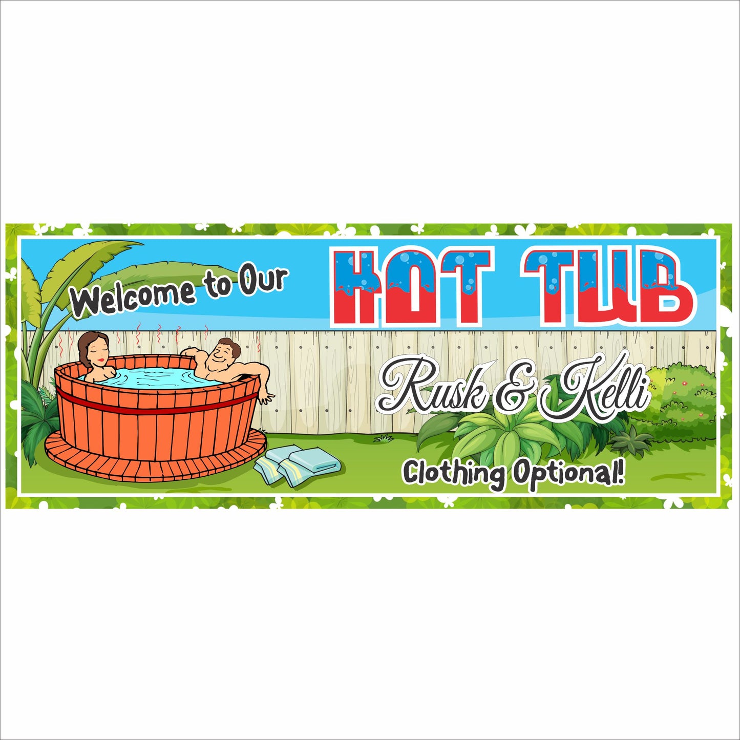 Personalized hot tub sign featuring a cartoon couple relaxing in a backyard spa scene