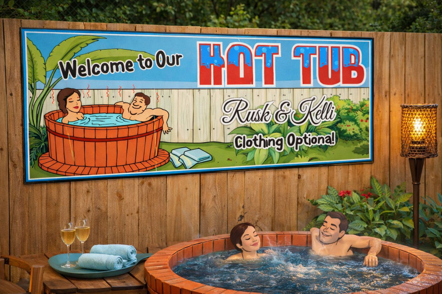 Backyard hot tub area with a personalized spa sign mounted on a wooden fence