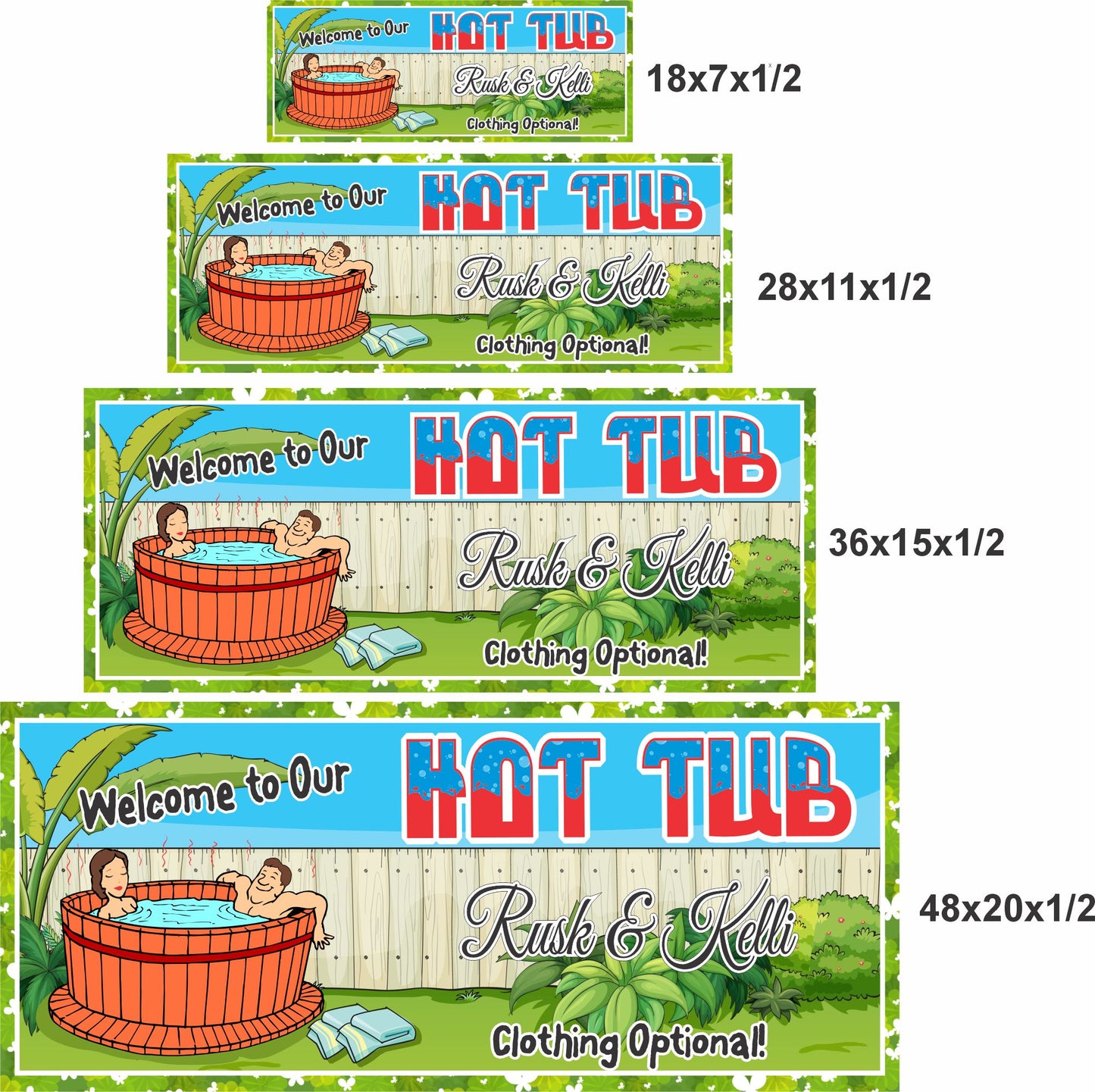Hot tub sign shown in four size options for visual comparison