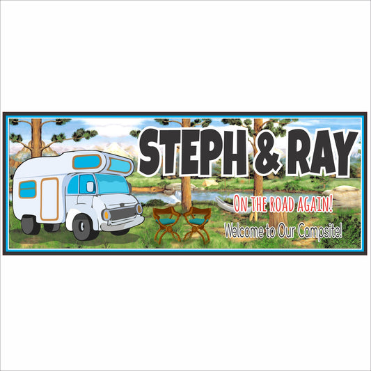 Personalized RV campsite sign featuring a camper, camp chairs, trees, and scenic outdoor background