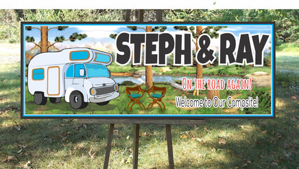 Personalized campsite sign with options for an RV or tent illustration, set against a scenic forest and stream background.