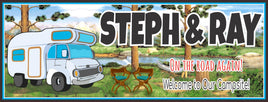 Personalized campsite sign with options for an RV or tent illustration, set against a scenic forest and stream background.