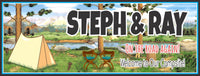 Personalized campsite sign with options for an RV or tent illustration, set against a scenic forest and stream background.