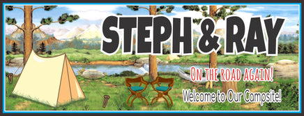 Personalized campsite sign with options for an RV or tent illustration, set against a scenic forest and stream background.