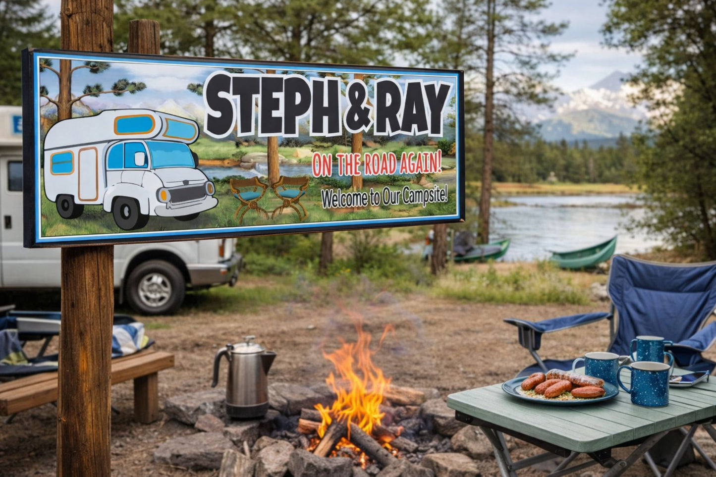 Outdoor camping scene with a personalized RV campsite sign displayed near a fire pit and picnic table