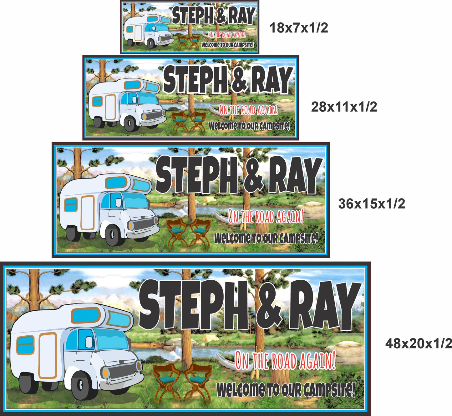 RV campsite sign shown in four size options for scale comparison
