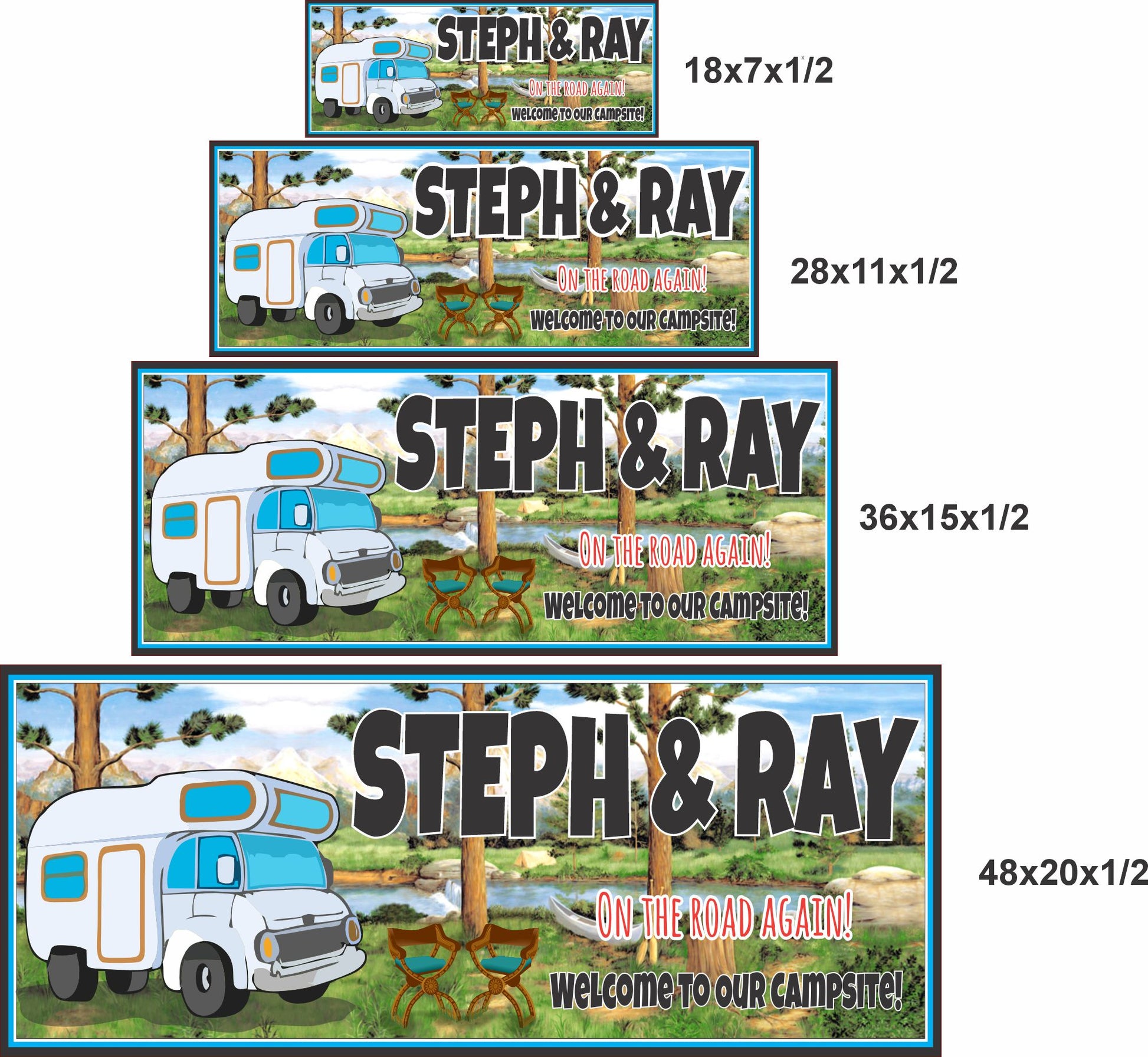 RV campsite sign shown in four size options for scale comparison