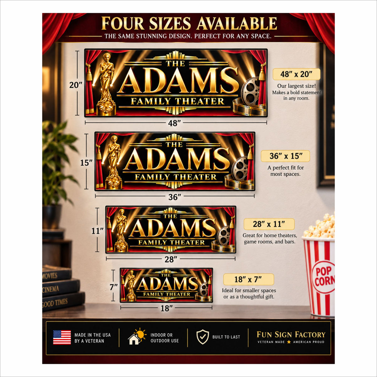 Personalized home theater sign shown in four sizes from 18 x 7 through 48 x 20 inches.
