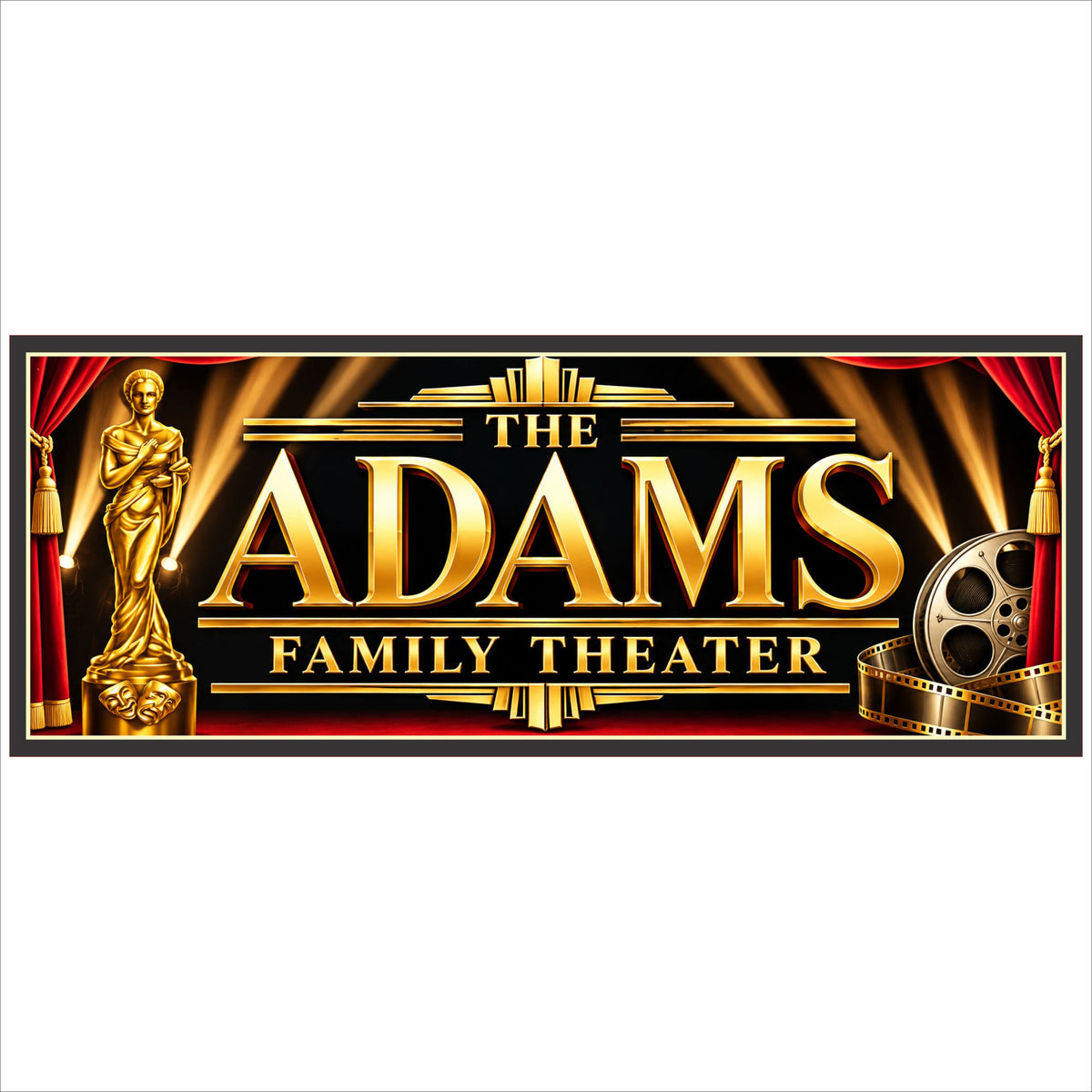 Custom Art Deco family theater sign with personalized gold lettering, red curtains, statuette and movie reel.