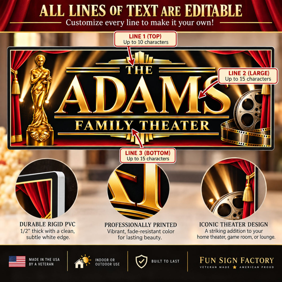 Personalization guide showing that all three lines of text on the family theater sign are editable.