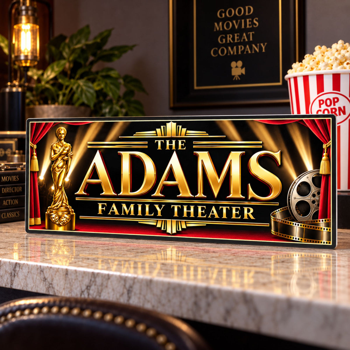 Personalized family theater sign displayed on a counter in an elegant home cinema setting.