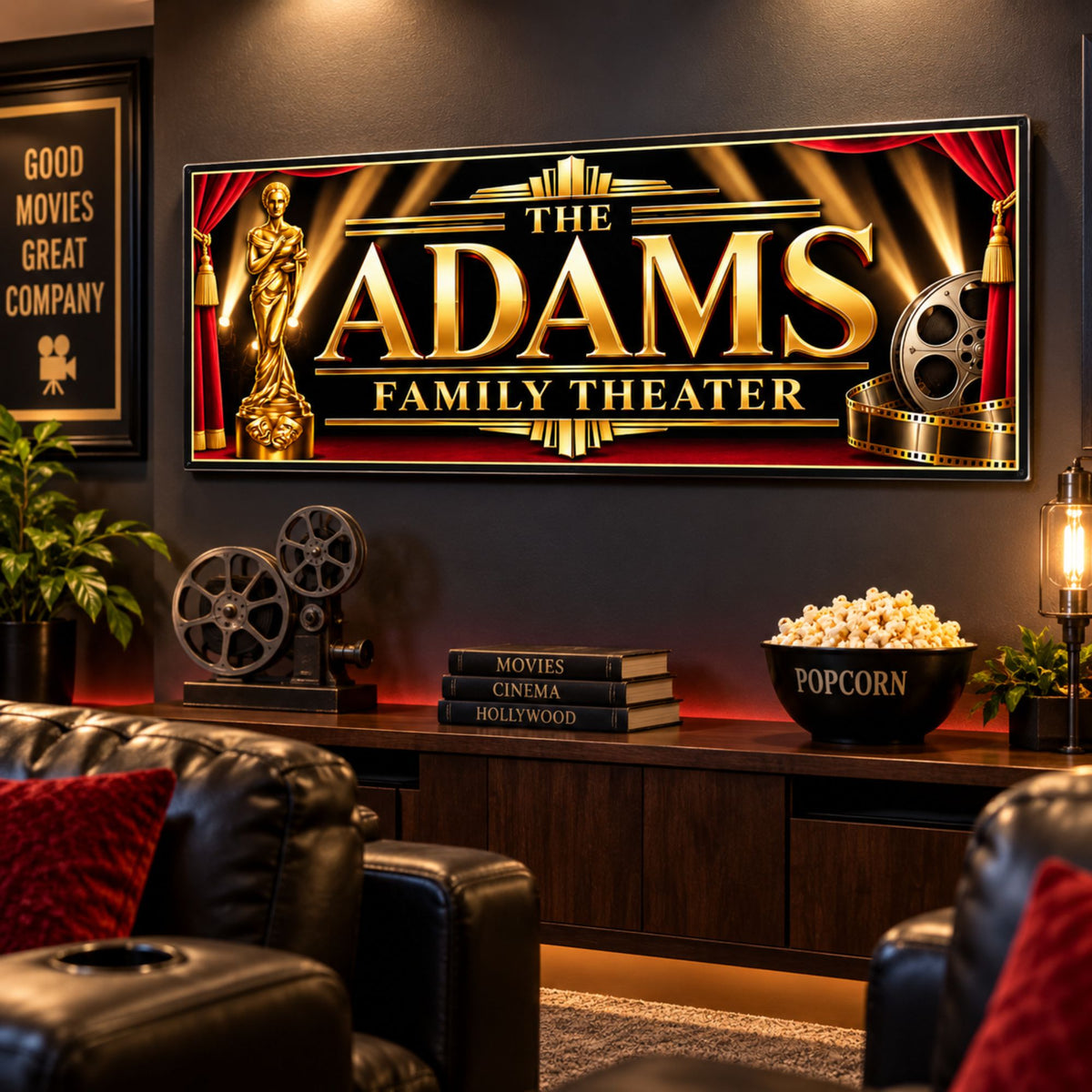 Custom Hollywood-style theater sign displayed on a home theater wall above movie seating.