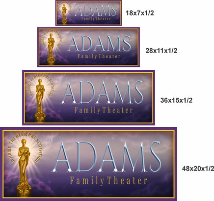 Home theater sign shown in four available size options