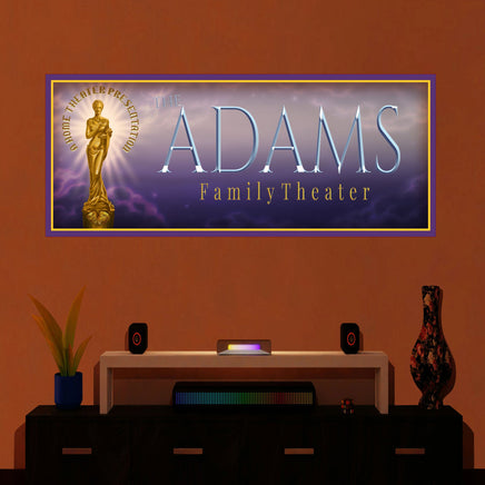 Movie theater wall sign mounted above a media console in a home theater room