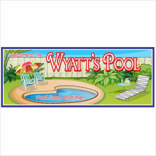 Personalized pool wall sign with colorful backyard pool design
