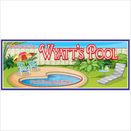 Personalized pool wall sign with colorful backyard pool design