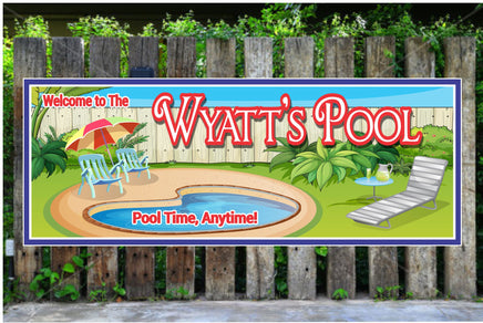 Personalized swimming pool sign with white fence, chaise lounge, refreshments, beach chairs, and umbrella, customizable with your own text.