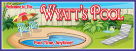 Personalized swimming pool sign with white fence, chaise lounge, refreshments, beach chairs, and umbrella, customizable with your own text.