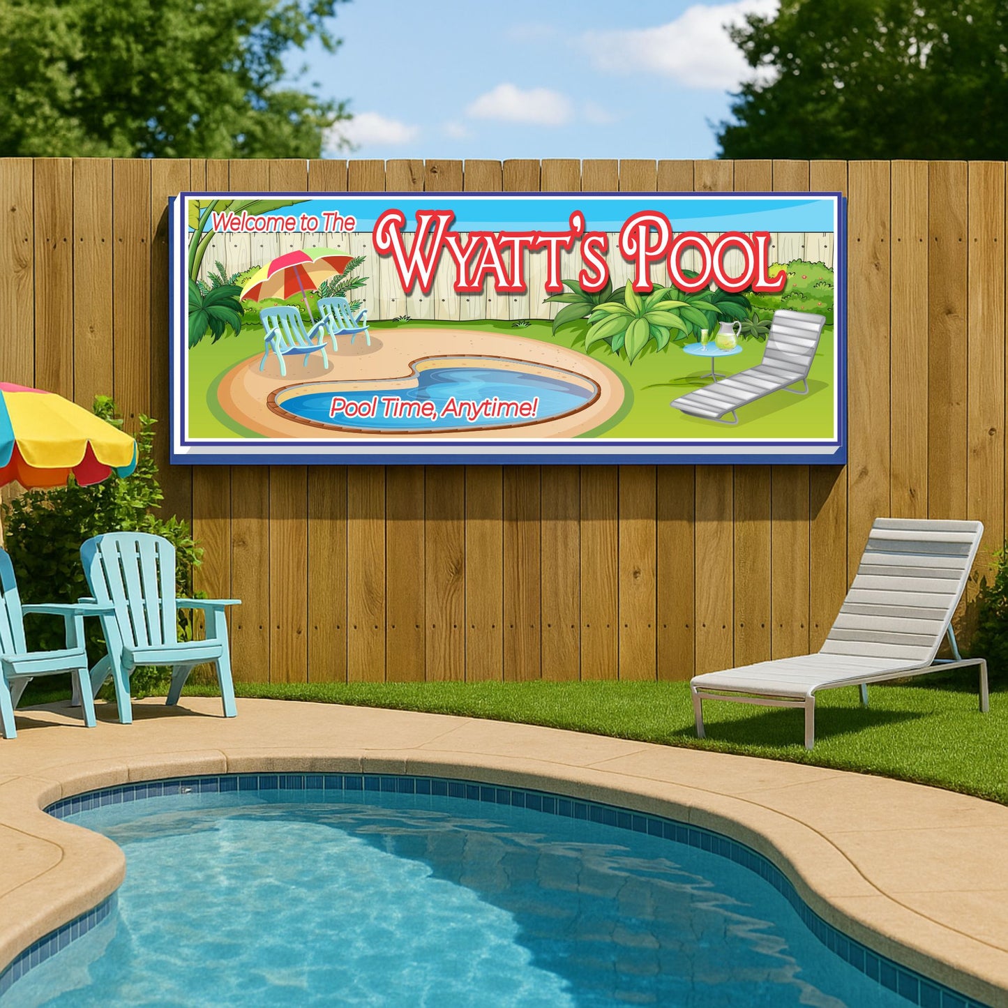 Poolside wall sign mounted on a wooden fence above a swimming pool
