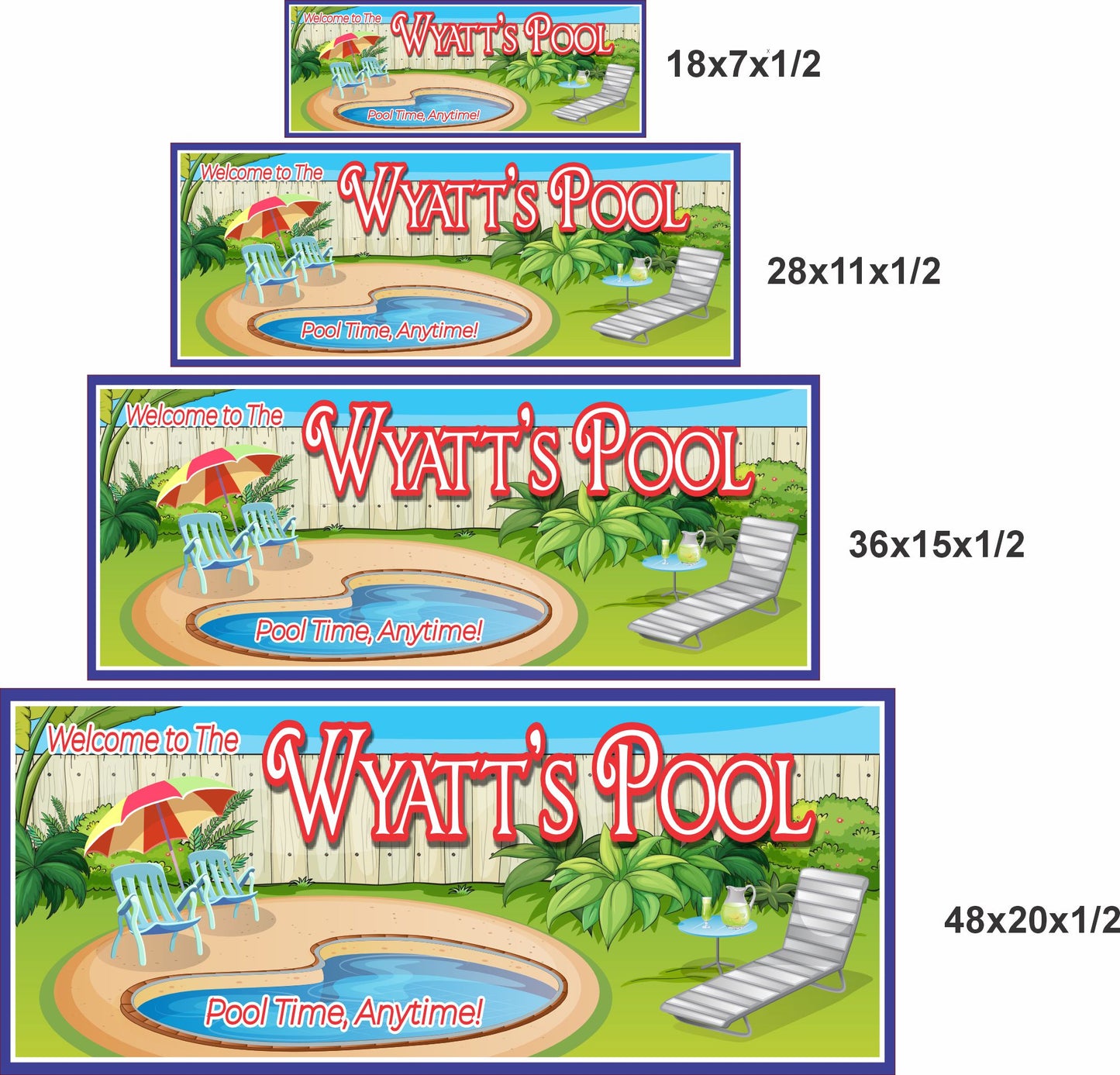 Pool sign shown in four available size options for outdoor display