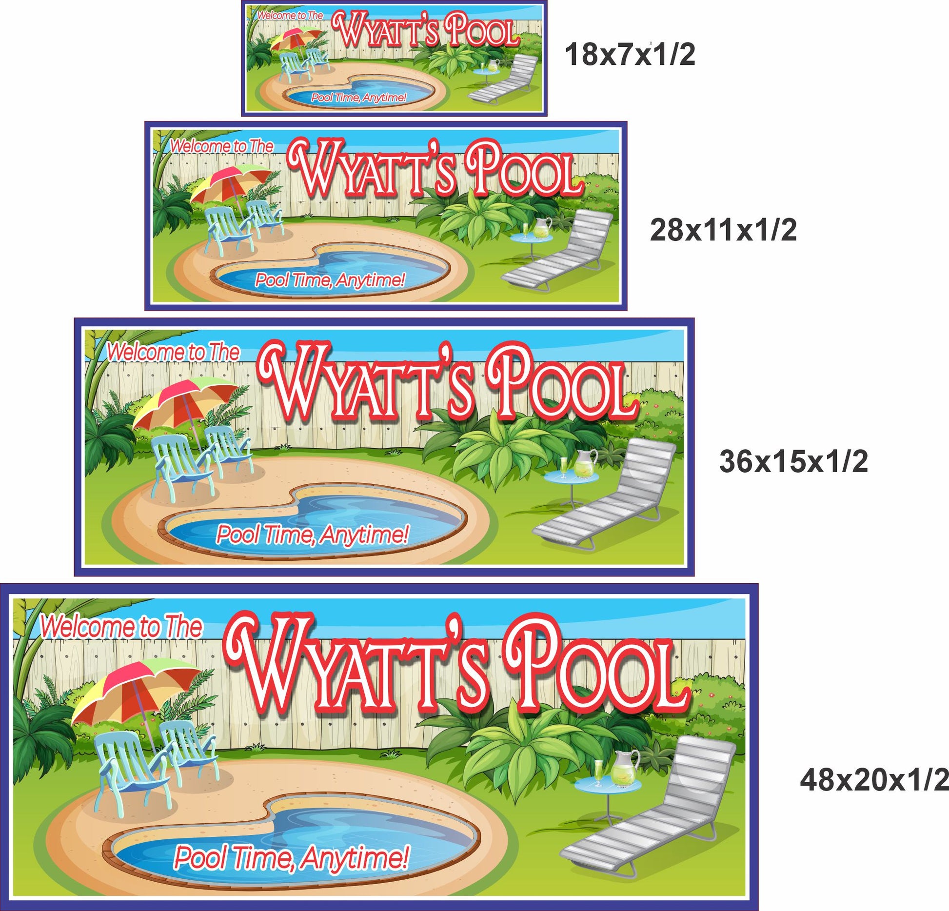 Pool sign shown in four available size options for outdoor display
