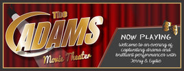 Personalized Playhouse Theater Sign featuring red curtains, gold drama masks, and a chalkboard background for custom messages.