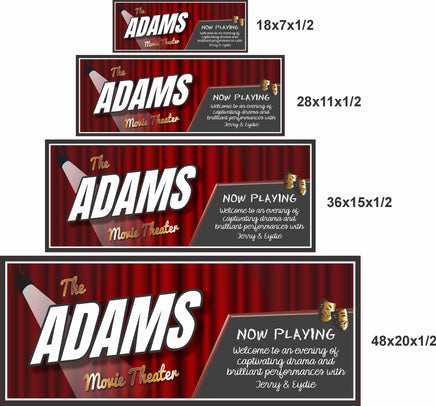 Movie theater sign shown in four available size options for wall display