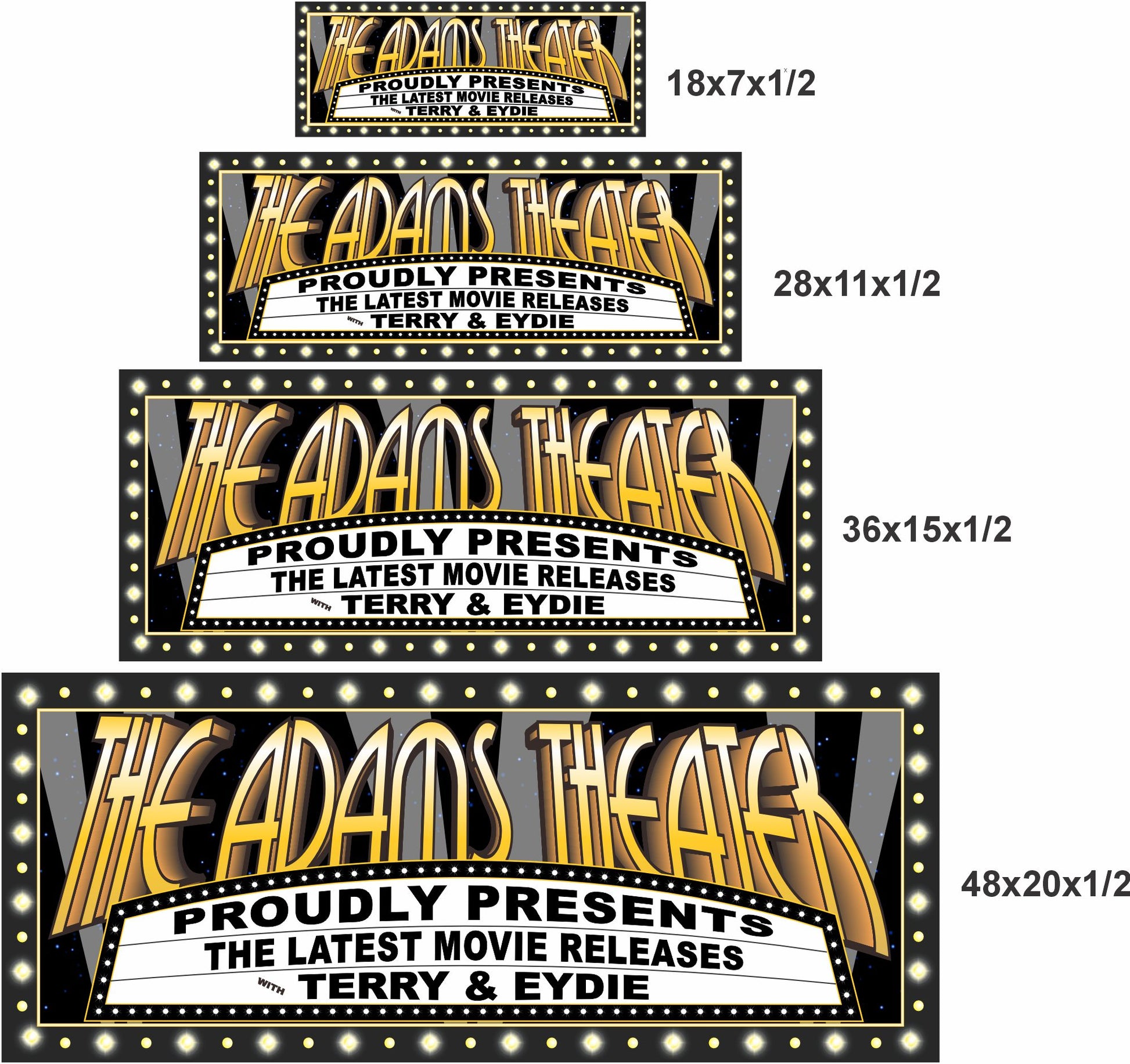 Four size options of a personalized movie theater marquee sign shown for scale comparison