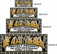 Four size options of a personalized movie theater marquee sign shown for scale comparison
