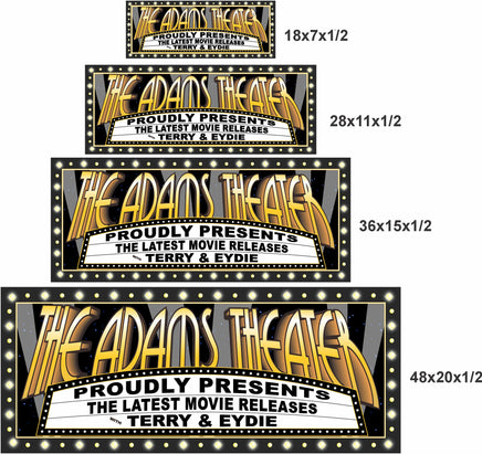 Four size options of a personalized movie theater marquee sign shown for scale comparison