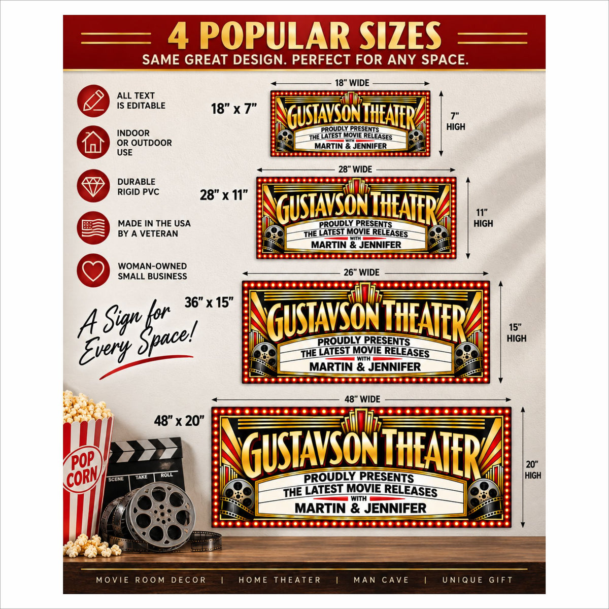 Personalized home theater sign shown in four available sizes: 18 x 7, 28 x 11, 36 x 15 and 48 x 20 inches.