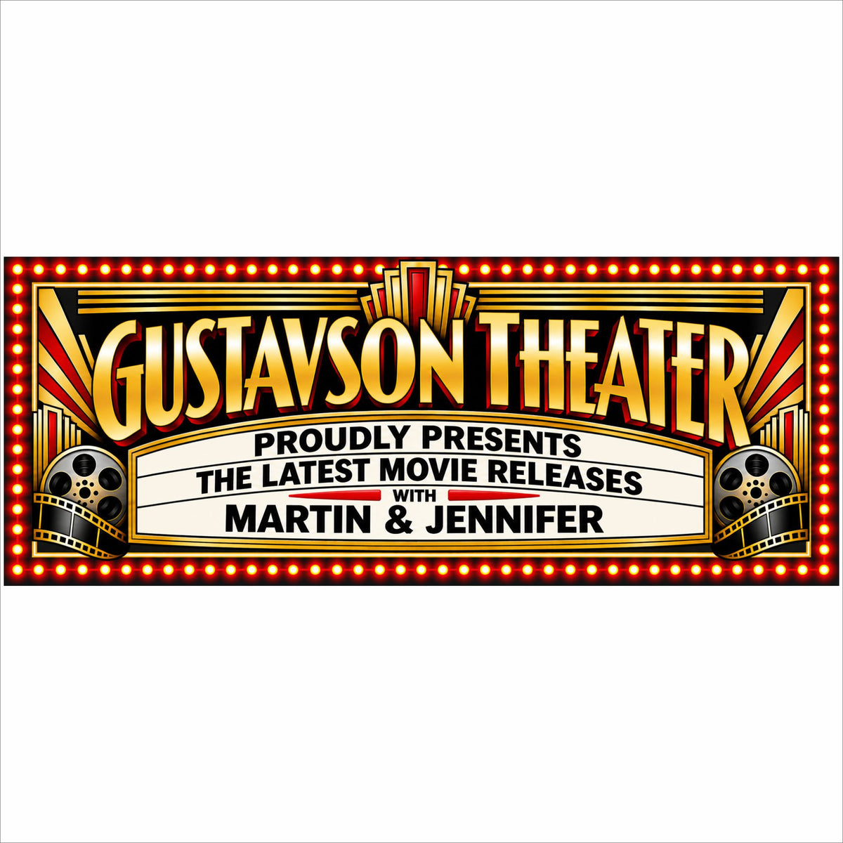 Personalized Art Deco home theater sign with custom theater name, movie marquee, film reels and printed lights.