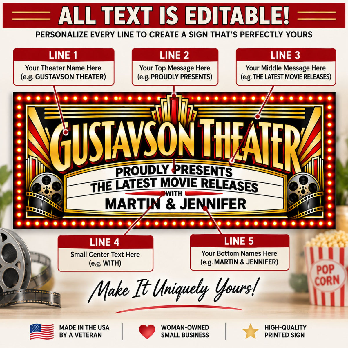 Guide showing that all wording on the personalized home theater marquee sign can be customized.