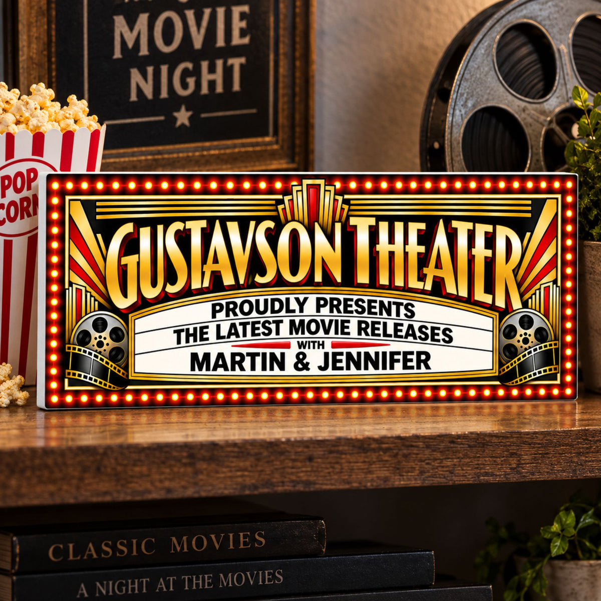 Custom home theater marquee sign displayed with popcorn, film reel and classic movie decor.