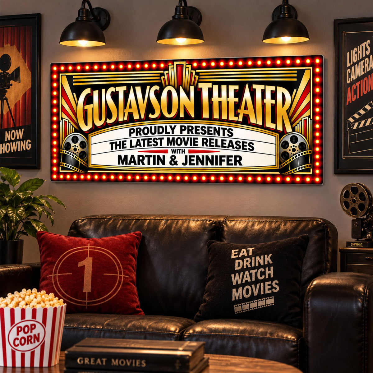 Personalized Art Deco cinema sign displayed above home theater seating with movie-themed decor.