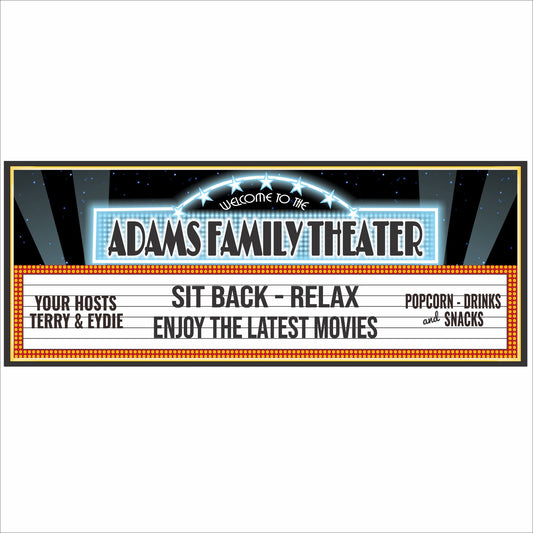 Personalized home theater sign with marquee-style design and customizable text