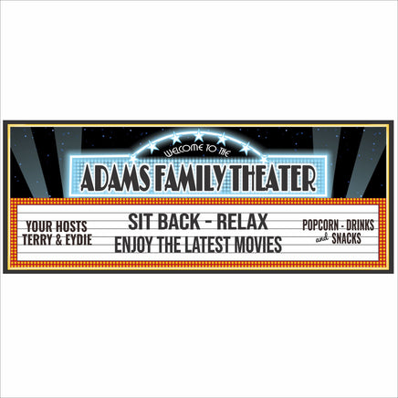 Personalized home theater sign with marquee-style design and customizable text