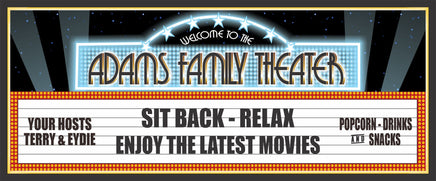 Personalized Vintage Theater Welcome Sign featuring a classic movie marquee, stars, and faux neon glow.