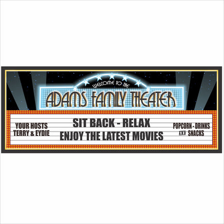 Personalized Vintage Theater Welcome Sign featuring a classic movie marquee, stars, and faux neon glow.