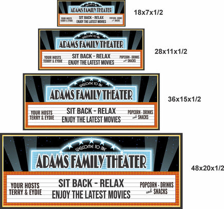 Home theater sign shown in four size options 18x7 28x11 36x15 and 48x20 inches
