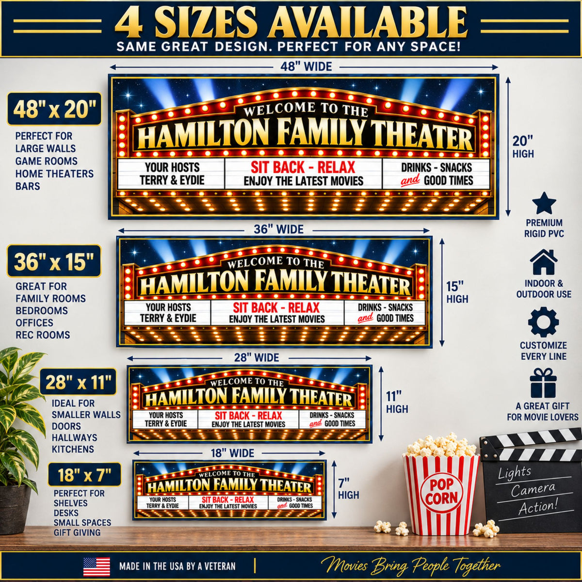 Personalized home theater marquee sign shown in four sizes: 18×7, 28×11, 36×15 and 48×20 inches.